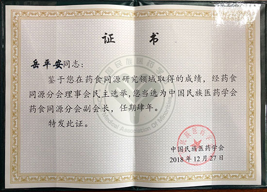 喜訊！恭喜岳平安董事長(zhǎng)榮獲“中國(guó)民族醫(yī)藥學(xué)會(huì)藥食同源分會(huì)副會(huì)長(zhǎng)”